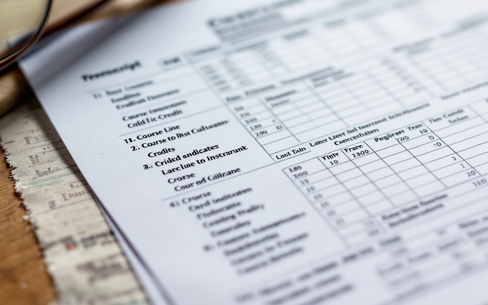 A printed transcript with course lines and credit columns