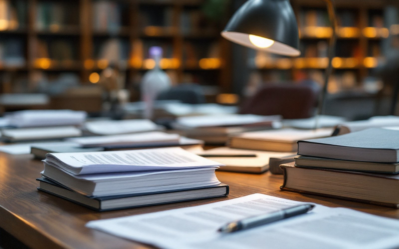 A study desk with printed course materials and a lamp