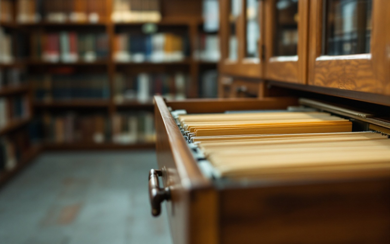A filing drawer of institutional records open