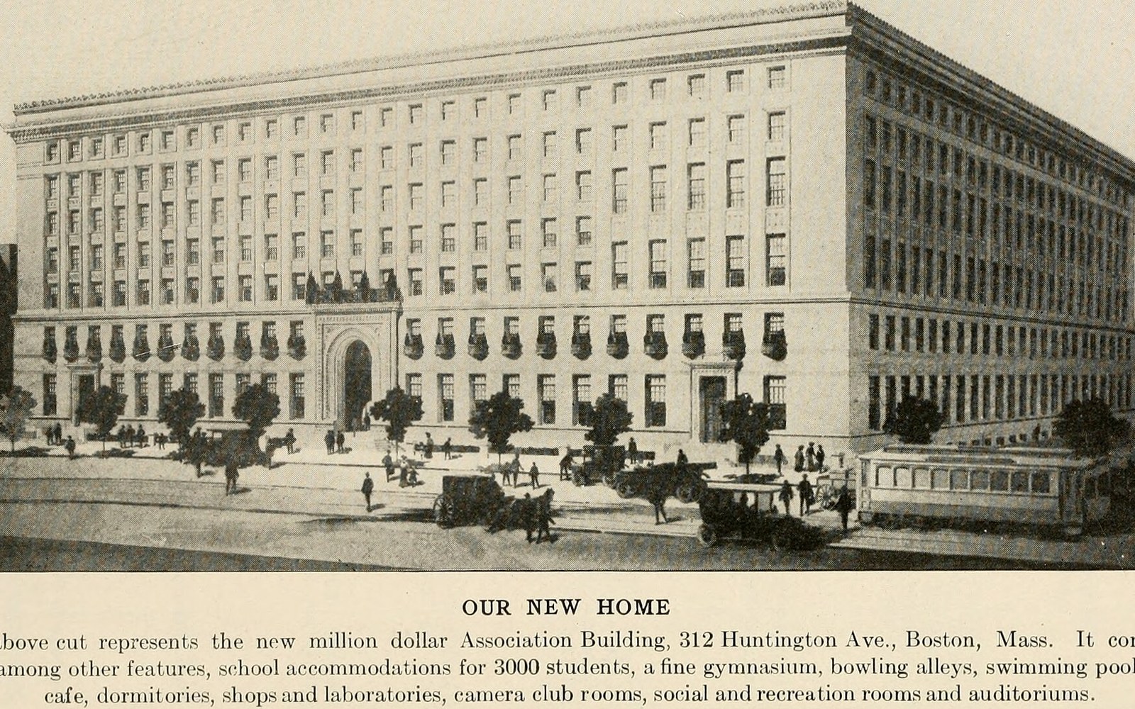 Vintage illustration of a large multi-story building with horse-drawn carriages and streetcars on the street below