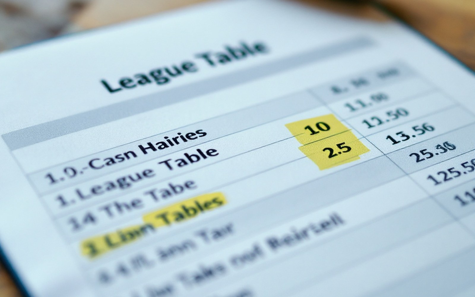 A printed league table page with rows highlighted