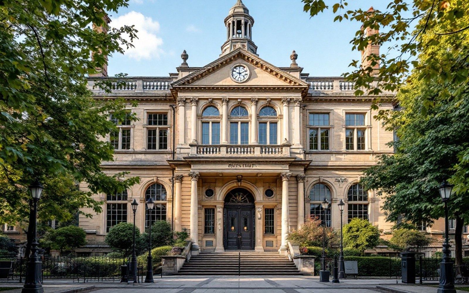 A historic institutional building facade in flat daylight