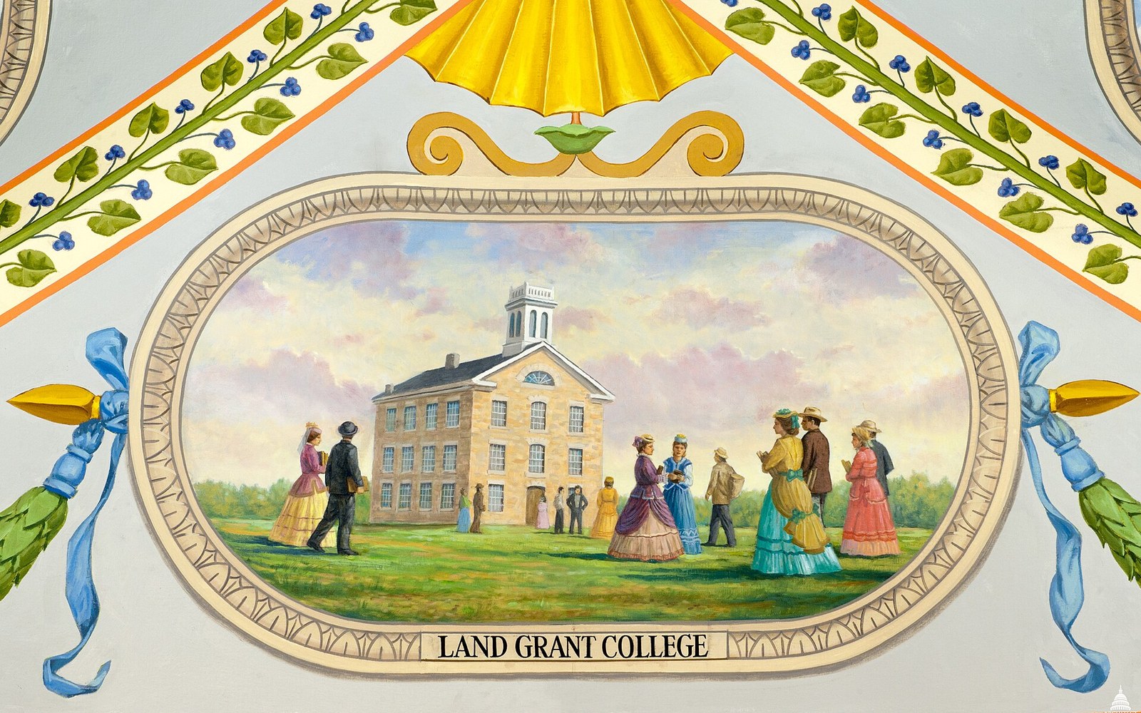 Ornate ceiling mural depicting a land grant college building with figures in period dress on a lawn