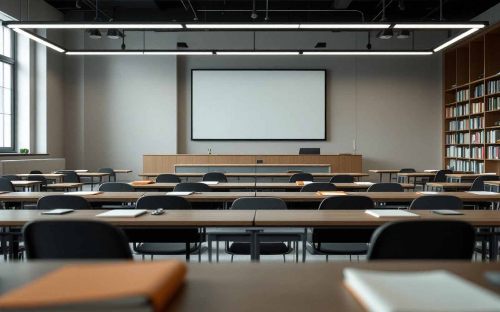 An empty meeting room with folders set at each place